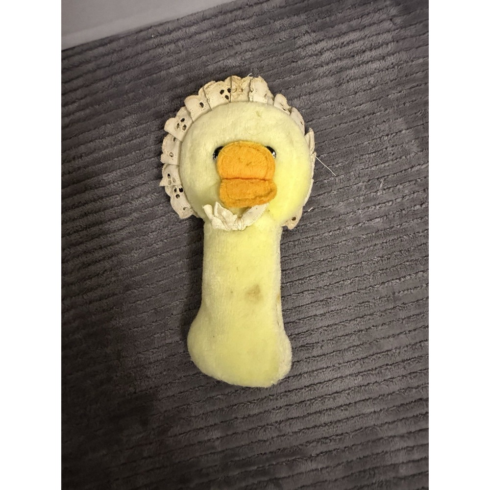 Vintage Eden Duck Plush Baby Rattle Toy Lovey Yellow Chick Bonnet Bow 7"